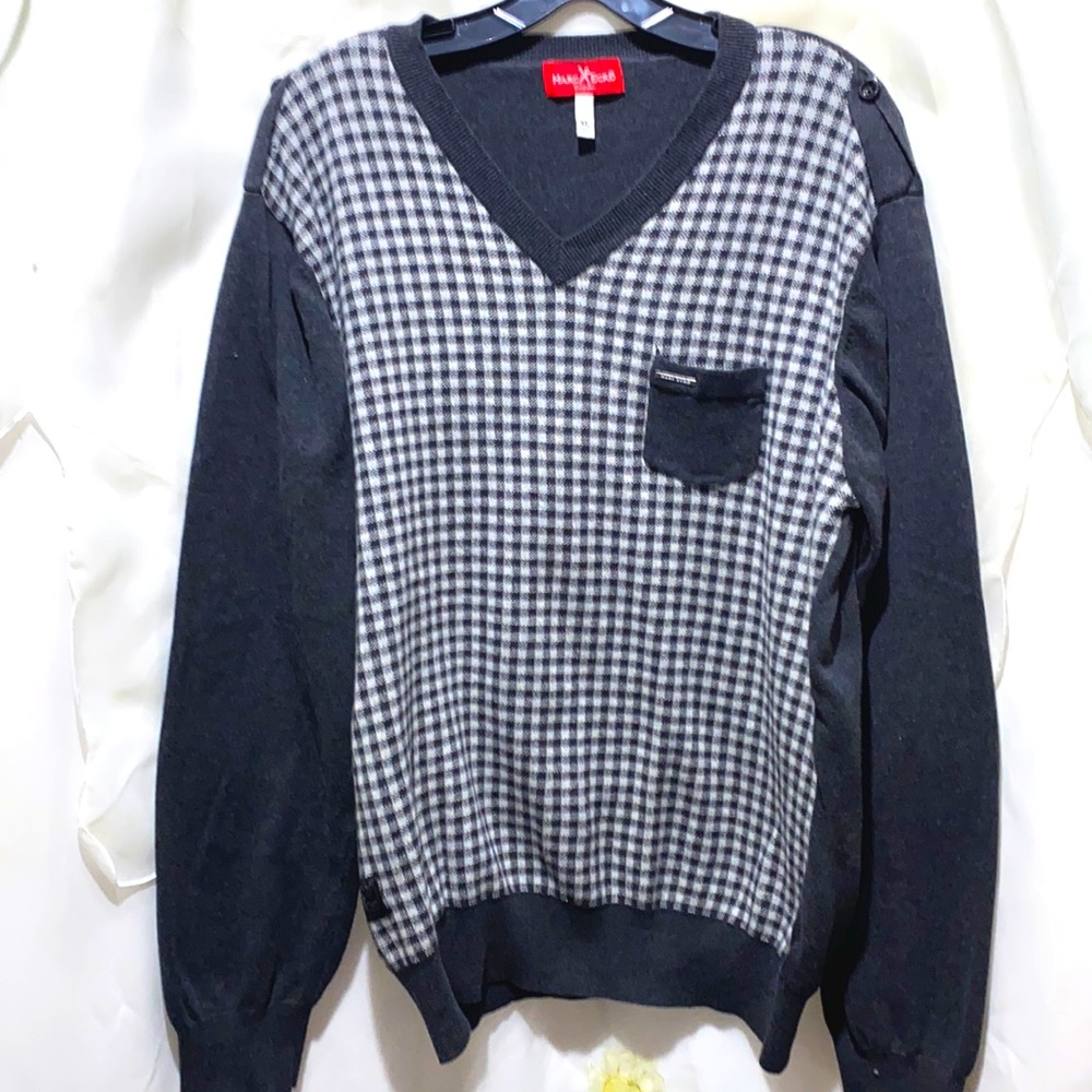 Men Marc Ecko Grey Checkered V-Neck Sweater Sz Xl - image 1